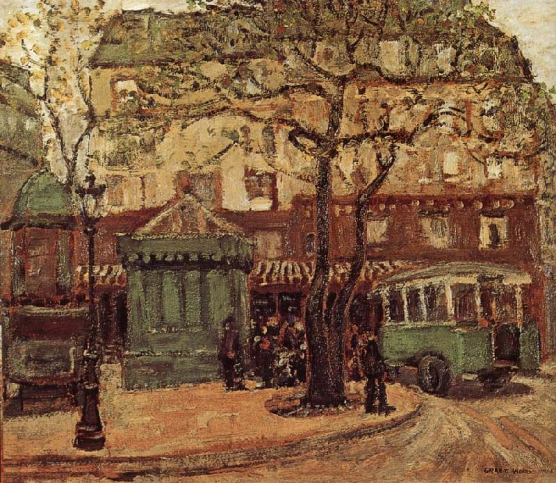 Grant Wood Greenish Bus in Street of Paris Germany oil painting art